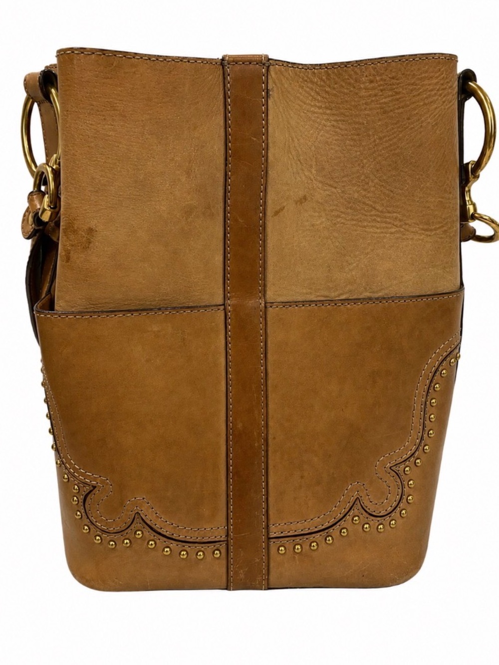 Frye Tan Leather Bucket Shoulder Bag with Studded Scallop Hobo distressed FLAWS